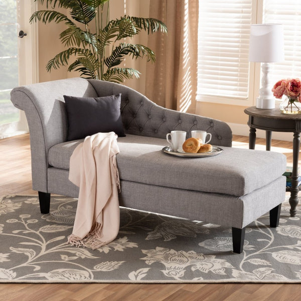 Baxton Studio Baxton Studio Florent Modern Chaise Lounge with Victorian Scroll Back and Luxurious Button Tufting Grey CFCL2-Grey/Black-KD Chaise
