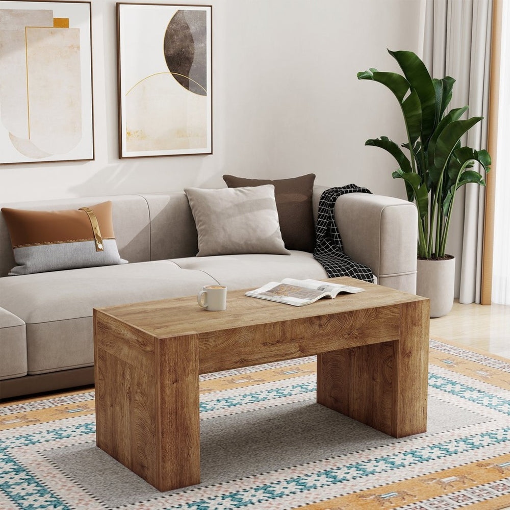 English Elm 48" Farmhouse Rectangle Wood Coffee Table with Hidden Drawer and Open Lower Shelf W3204P401251