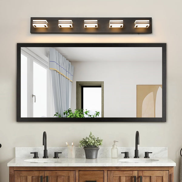 English Elm 34" Modern 5-Light LED Vanity Light Black Iron & Acrylic, Dimmable Hard-Wired Bathroom Mirror Fixture W2312P374873
