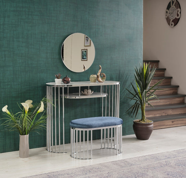 English Elm Garry Oval Fabric Ottoman with Chrome Legs — Plush Upholstery, Compact Modern Seat for Living Spaces Blue B029P333528