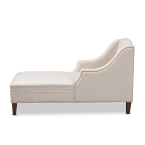 Baxton Studio Baxton Leonie Modern Beige Chaise Lounge with Nailhead Trim, Wenge Brown Legs for Elegant Comfort CFCL3-Beige/Wenge-KD Chaise