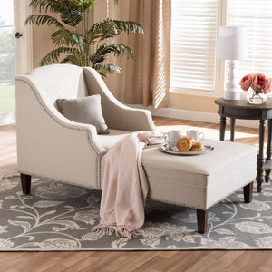 Baxton Studio Baxton Leonie Modern Beige Chaise Lounge with Nailhead Trim, Wenge Brown Legs for Elegant Comfort CFCL3-Beige/Wenge-KD Chaise