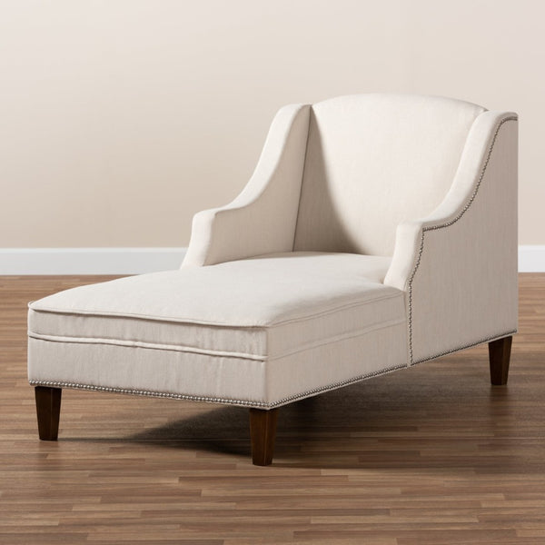 Baxton Studio Baxton Leonie Modern Beige Chaise Lounge with Nailhead Trim, Wenge Brown Legs for Elegant Comfort CFCL3-Beige/Wenge-KD Chaise