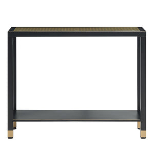 English Elm Glass Console Table Two Tier Tempered Shelf Narrow Foyer Entryway Gold Metallic Frame Black+Gold W3587P456228