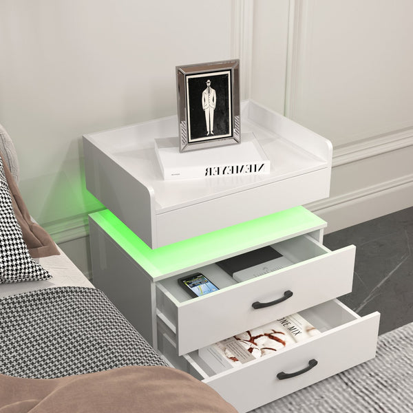 English Elm 1 Nightstand with Remote LED Strip Light, Two Drawers and Spacious Storage for Cozy Ambient Bedrooms White W368P239008