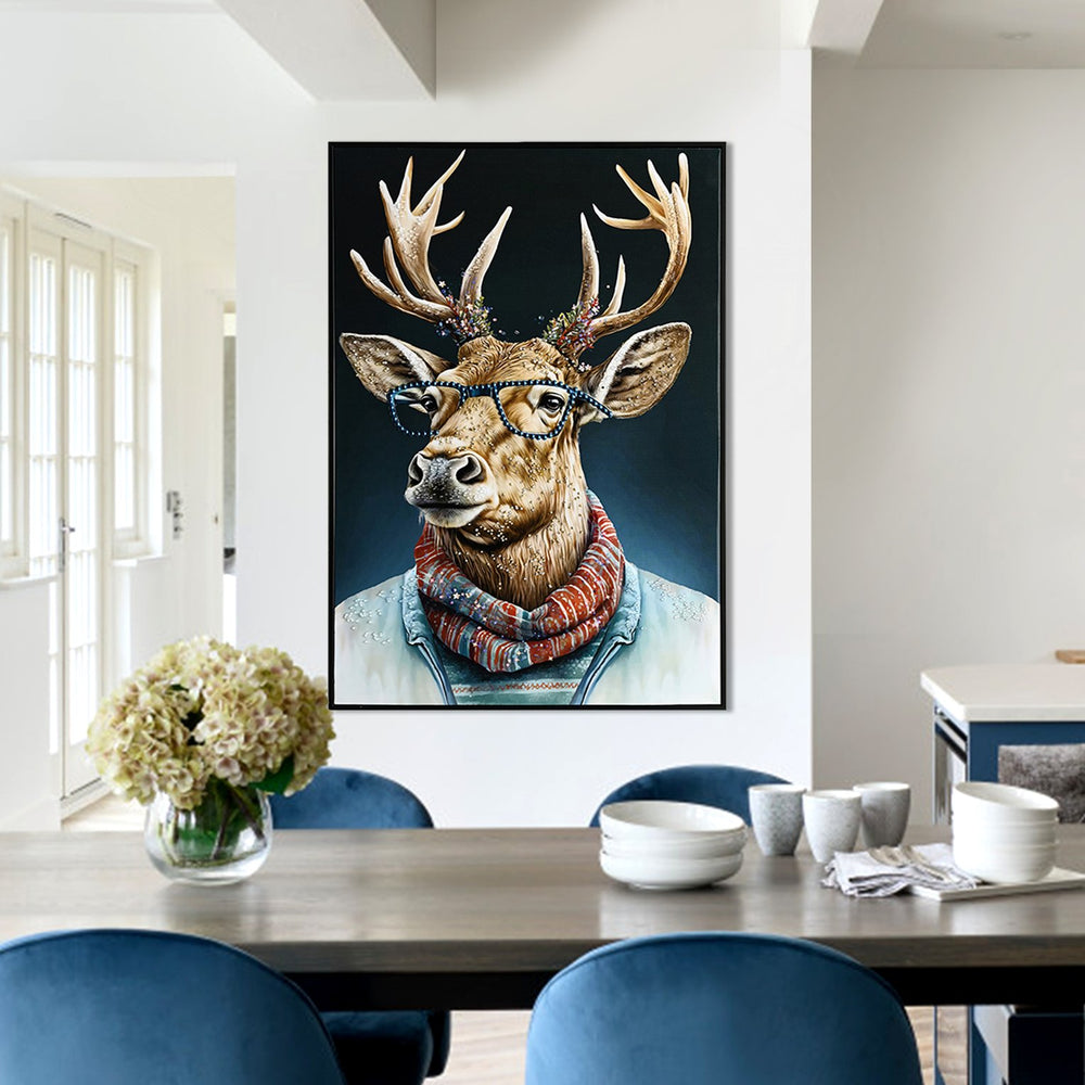 English Elm Vintage Deer Canvas Art with Glasses & Scarf — Blue British Countryside Portrait, Gallery-Wrapped Décor W3374P322236
