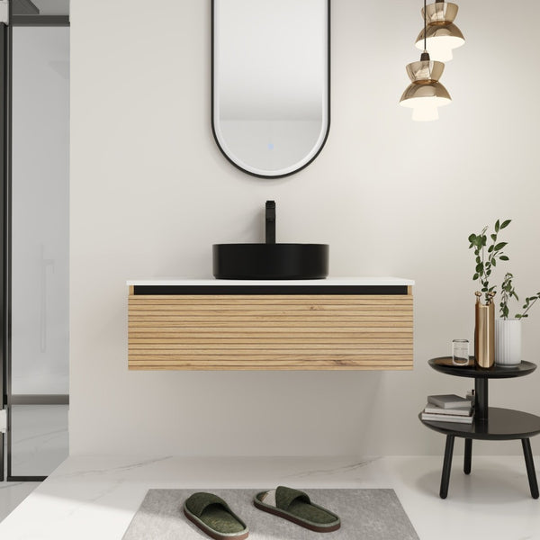 English Elm 36'' Floating Wall Mounted Vanity with Art Ceramic Vessel Sink and Soft Close Drawer W999S00363