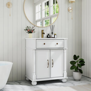English Elm 27.8" Mid-century Freestanding Bathroom Vanity with Ceramic Sink Drawer and Wood Base White W1801S00006