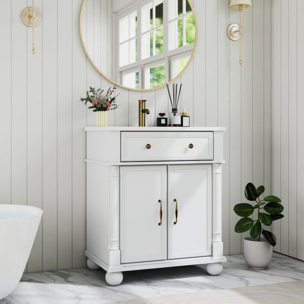 English Elm 27.8" Mid-century Freestanding Bathroom Vanity with Ceramic Sink Drawer and Wood Base White W1801S00006