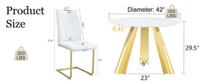 English Elm Table 5-Piece Dining Set With 42-Inch Round Snow Mountain White Top & Elegant Gold Leg Chairs W2920S00045-GIGA