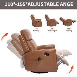 English Elm Deep Ochre Genuine Leather Swivel Rocker Recliner with Massage Heat for Living Room W1803P323711