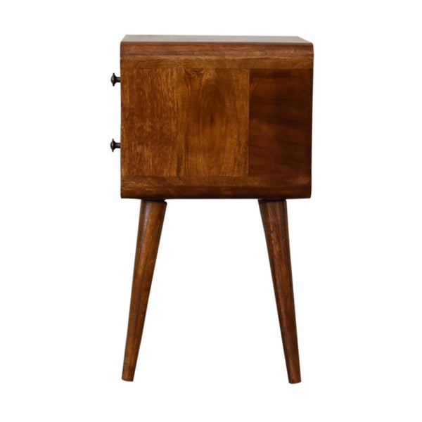 English Elm Soli Solid Mango Wood Mini Chestnut Nightstand with 2 Drawers, Curved Beige-Brown Design, Nordic Legs B182P213806