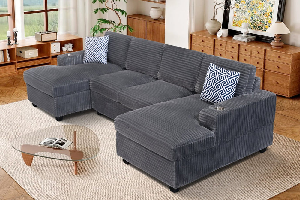 English Elm Multifunctional Corduroy Modular Sectional with Dual Chaise Cup Holders Living Room Dark Gray B2730S00072