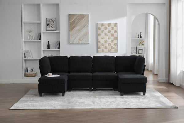 English Elm UNITED Modular 6-Seat Sectional Sofa with Removable Ottoman, Storage Compartments, Convertible Comfort Black W1568S00243