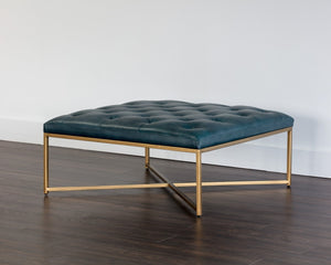 Sunpan ENDALL Ottoman - Luxurious Top-Grain Leather with Antique Brass Base for Elegant Living Spaces Teal 104086