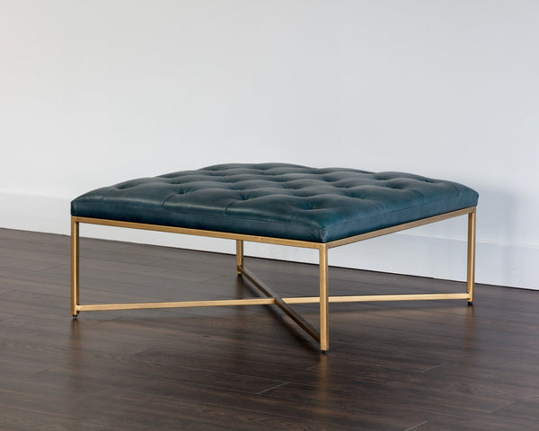 Sunpan ENDALL Ottoman - Luxurious Top-Grain Leather with Antique Brass Base for Elegant Living Spaces Teal 104086