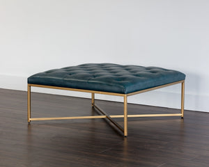 Sunpan Endall Ottoman - Elegant Square Design with Button Tufting Perfect for Coffee Table or Extra Seating Antique Brass / Vintage Peacock Leather