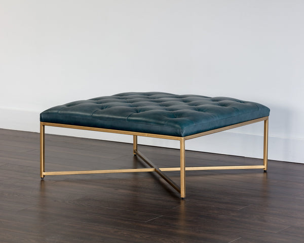 Sunpan Endall Ottoman - Elegant Square Design with Button Tufting Perfect for Coffee Table or Extra Seating Antique Brass / Vintage Peacock Leather