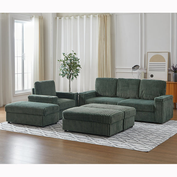 English Elm Corduroy minimalist coffee table conversion sofa set with cup grooves, recliner comfort and L-shaped layout for hosting Green W834S00549