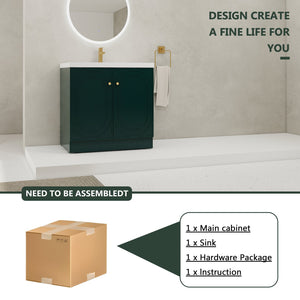 English Elm 36" Freestanding Bathroom Vanity with Resin Sink, Soft-Close Doors, Adjustable Shelf & Metal Handles Dark Green W999S00274