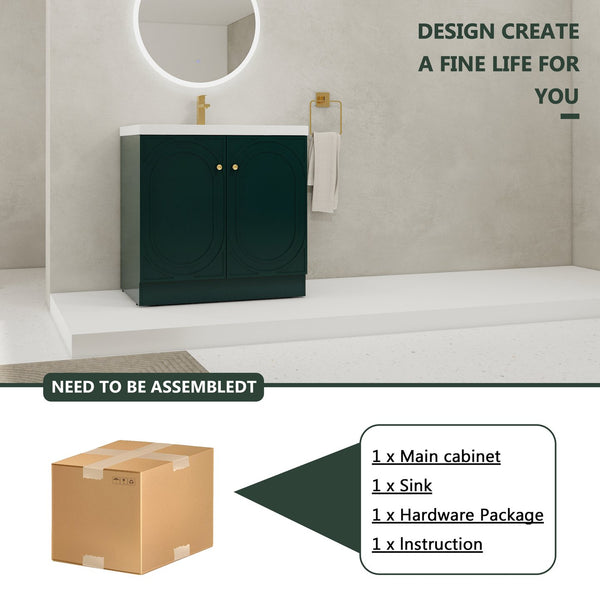 English Elm 36" Freestanding Bathroom Vanity with Resin Sink, Soft-Close Doors, Adjustable Shelf & Metal Handles Dark Green W999S00274