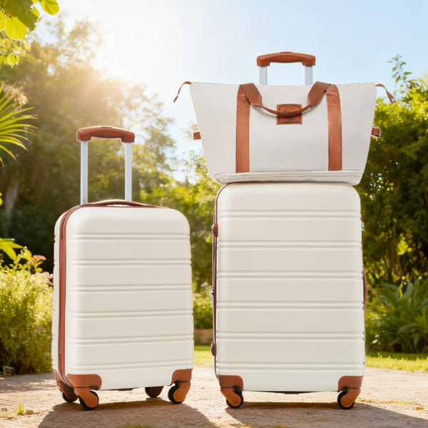 English Elm Hardshell Abs Spinner Luggage Set with Tsa Lock Carry on and Checked Suitcase Trio Brown+White PP309433AAK