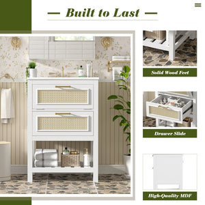 English Elm 24" Rattan Front Bathroom Vanity with Ceramic Sink Deep Drawer Storage Mdf Cabinet White N710P293990K
