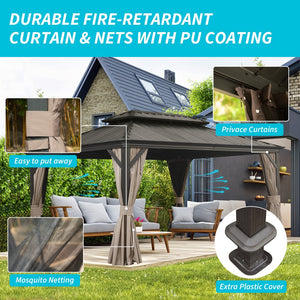 English Elm 12' X 16' Hardtop Gazebo With Enhanced Drainage, Dual-Layer Steel Roof, Privacy Curtains & Netting W1859S00142