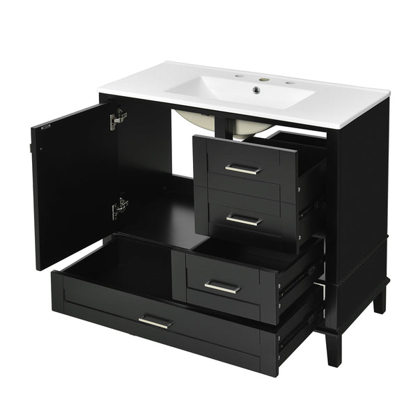 English Elm 36" Black Bathroom Vanity Solid Pine Frame with Soft-Close Door, 3 Drawers, Ceramic Top, Modern Storage Appeal N729P211167B