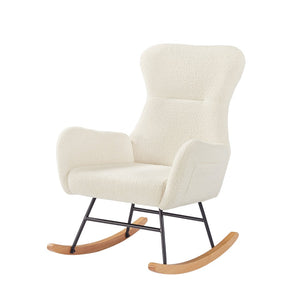 English Elm Beige Teddy Fabric Rocking Armchair with High Back for Nursery or Living Room W3985P400394