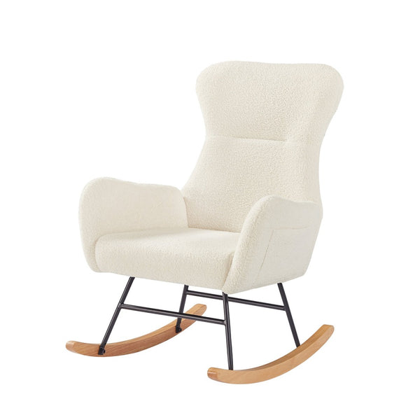 English Elm Beige Teddy Fabric Rocking Armchair with High Back for Nursery or Living Room W3985P400394