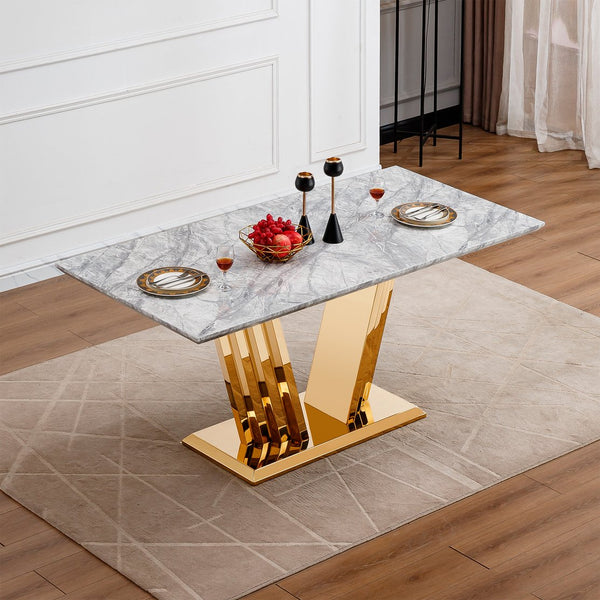 English Elm Marble Dining Table For 6 – Modern Faux Marble Kitchen Table With Chrome Base, Stylish & Durable Design W3456S00020
