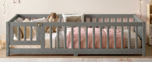 English Elm Twin Floor Bed Solid Pine Frame with Guardrails and Door for Safe Kid Sleep W1580P433575
