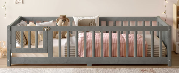 English Elm Twin Floor Bed Solid Pine Frame with Guardrails and Door for Safe Kid Sleep W1580P433575