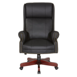 OSP Home Furnishings Executive Wingback Office Chair with Lumbar Support Brass Nail Trim and Cherry Wood Base TEX280-3