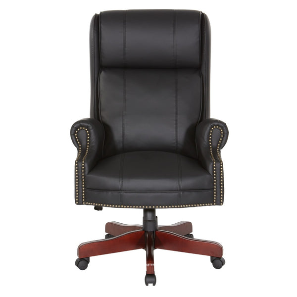 OSP Home Furnishings Executive Wingback Office Chair with Lumbar Support Brass Nail Trim and Cherry Wood Base TEX280-3