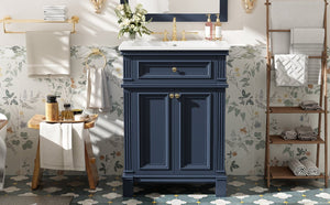 English Elm 24'' Carved Farmhouse Bathroom Vanity with Ceramic Sink Soft Close Storage Cabinet Blue N710P446530C