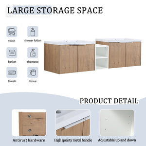 English Elm 72 Inch Wall Mounted Vanity with Resin Sink, Soft-Close Doors, Ample Storage Shelves, Durable Eco Plywood Finish Imitative Oak W999S00188