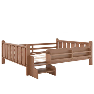 English Elm Twin Pine Floor Bed for Kids with Side Bookcases Built-in Stairs and Safety Guardrails Natural W1580P390225