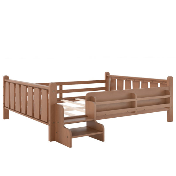 English Elm Twin Pine Floor Bed for Kids with Side Bookcases Built-in Stairs and Safety Guardrails Natural W1580P390225