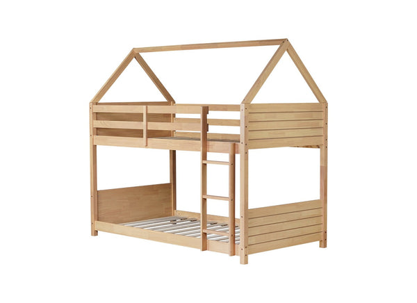 English Elm Twin House Floor Bunk Bed – Charming Rubberwood Design With Safety Guardrails, Ladder & White Oak Finish W504P227973-GIGA