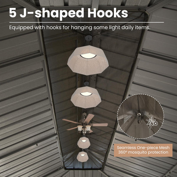 English Elm 14' X 22' Hardtop Gazebo with Drainage System, Dual-Layer Galvanized Roof, Curtains & Mesh Protection Brown W1859S00152