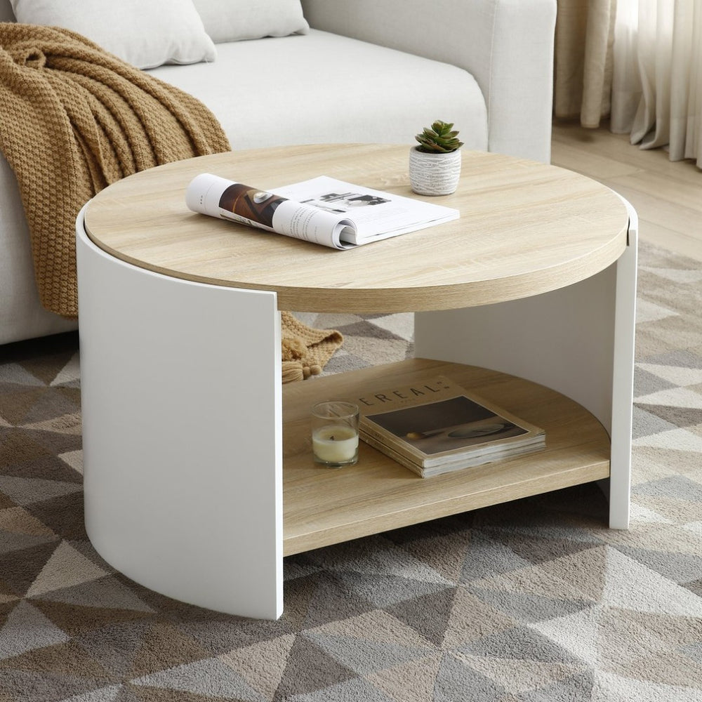 English Elm Round Two-tier Coffee Table with Open Shelf Modern Living Room Wood Grain Mdf Top W1117P224566