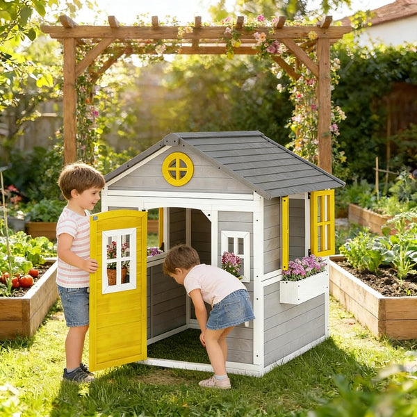 English Elm Backyard Fir Wood Kids Playhouse with Plant Boxes Retro Windows and Rain Resistant Roof T3971P491823