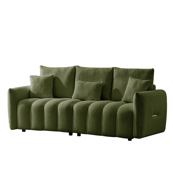 English Elm 78 Inch Teddy Velvet Three Seat Sofa Solid Wood Frame Plush Cushions for Living Room Army Green W2564S00126