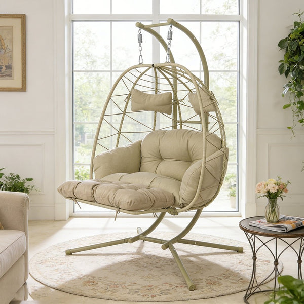 English Elm 2 Person Wicker Hanging Egg Chair with Stand Padded Cushions Patio Swing Seat T5880P500217