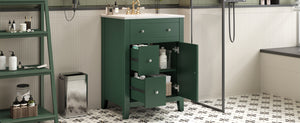 English Elm 24" Modern Bathroom Vanity with Ceramic Basin, French Country Cross-Grid Design & Soft-Close Drawers Green N710P280655F