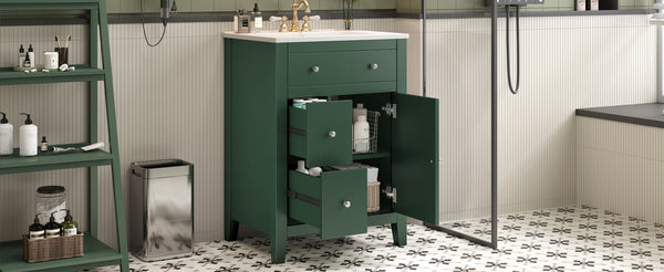 English Elm 24" Modern Bathroom Vanity with Ceramic Basin, French Country Cross-Grid Design & Soft-Close Drawers Green N710P280655F