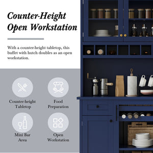 English Elm Topmax Farmhouse Buffet Hutch with Wine Rack Shaker Glass Pantry Cabinet Blue N717P327043C