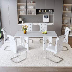 English Elm Modern White Faux Marble 7 Piece Dining Set Tufted Pvc Chairs for Kitchen W3875S00080